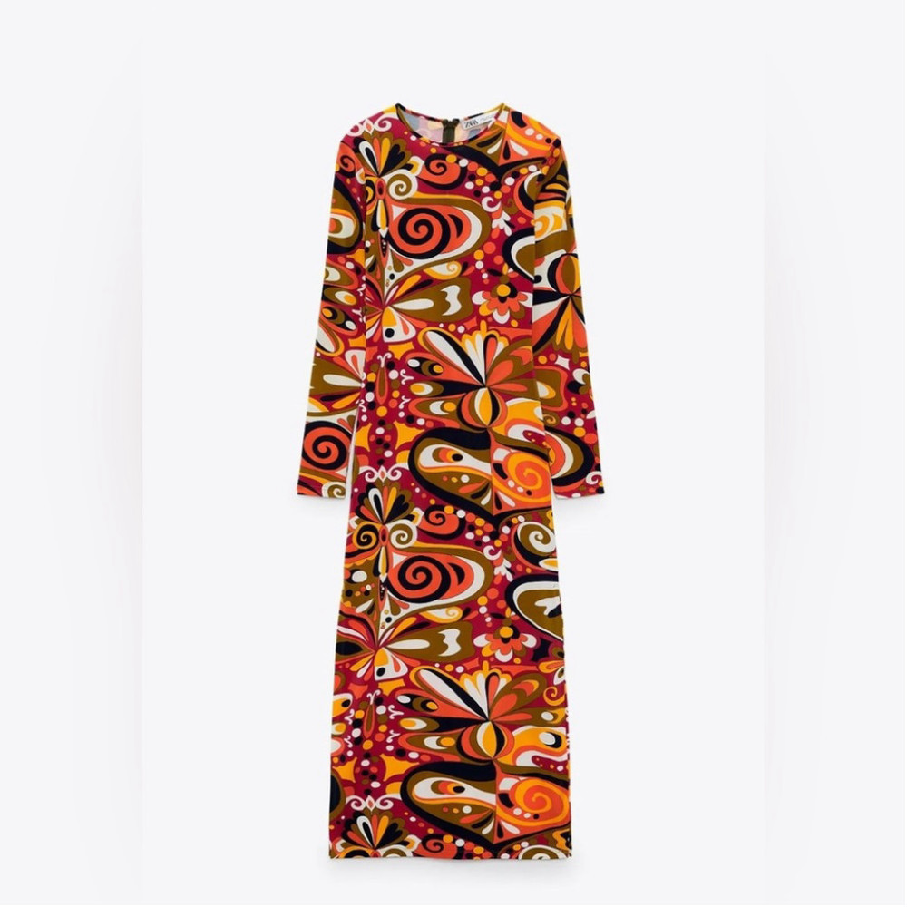 ZARA Colorful Print  Midi Dress Long Sleeve